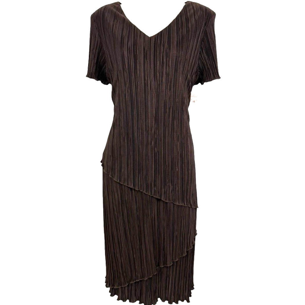 Dressbarn Dress Barn Crinkle Dark Brown Midi V-Neck Short Sleeve NWT sz 14